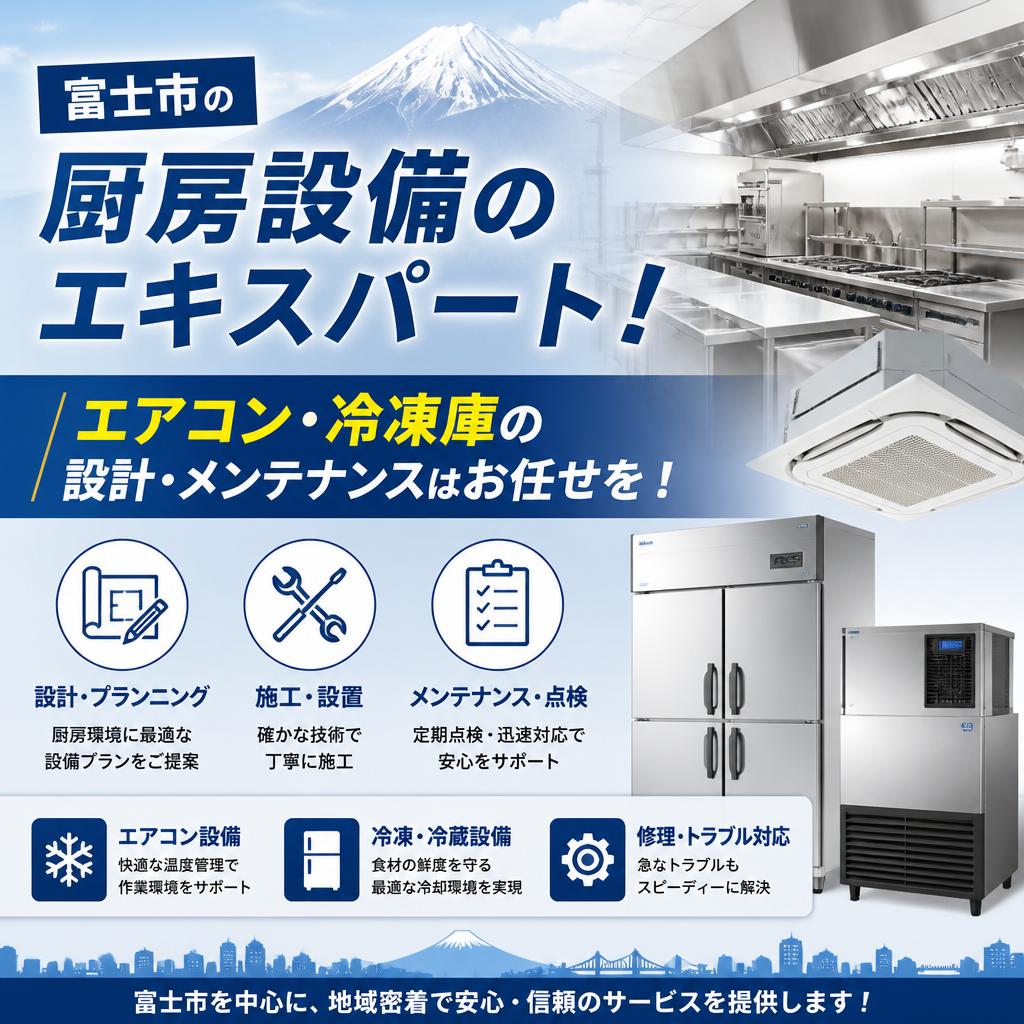 富士市の厨房設備のエキスパート！エアコン・冷凍庫の設計・メンテナンスはお任せを！